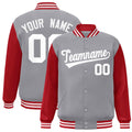 Custom Gray & Red & White Color Block Satin Full-Snap Varsity Jacket - front view