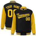 Personalized Black & Gold & White Color Block Satin Full-Snap Varsity Jacket - front view