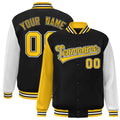 Custom Black & White & Gold Color Block Satin Full-Snap Varsity Jacket - front view