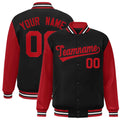 Custom Black & Red & White Color Block Satin Full-Snap Varsity Jacket - front view