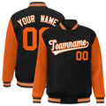 Custom Black & Orange & White Color Block Satin Full-Snap Varsity Jacket - front view