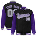 Personalized Black & Purple & Gray Color Block Satin Full-Snap Varsity Jacket - front view