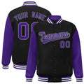 Custom Black & Purple & White Color Block Satin Full-Snap Varsity Jacket - front view