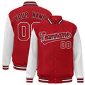 Custom Red & White & Black Color Block Satin Full-Snap Varsity Jacket - front view