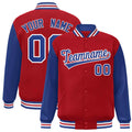 Personalized Red & Royal Blue & White Color Block Satin Full-Snap Varsity Jacket - front view