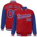 Custom Red & Royal Blue & White Color Block Satin Full-Snap Varsity Jacket - front view