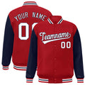 Personalized Red & Navy & White Color Block Satin Full-Snap Varsity Jacket - front view