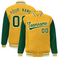 Custom Gold & Green & White Color Block Satin Full-Snap Varsity Jacket - front view