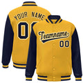Personalized Gold & Navy & White Color Block Satin Full-Snap Varsity Jacket - front view