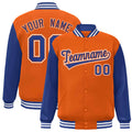 Custom Orange & Royal Blue & White Color Block Satin Full-Snap Varsity Jacket - front view