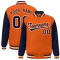 Custom Orange & Navy & White Color Block Satin Full-Snap Varsity Jacket - front view