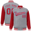 Personalized Gray & Red & White Color Block Satin Full-Snap Varsity Jacket - front view