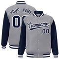 Custom Gray & Navy & White Color Block Satin Full-Snap Varsity Jacket - front view