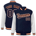 Custom Navy & White & Orange Color Block Satin Full-Snap Varsity Jacket - front view