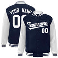 Custom Navy & White Color Block Satin Full-Snap Varsity Jacket - front view