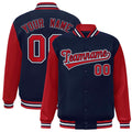 Personalized Navy & Red & White Color Block Satin Full-Snap Varsity Jacket - front view