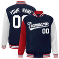 Custom Navy & White & Red Color Block Satin Full-Snap Varsity Jacket - front view