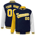 Personalized Navy & Gold & Gray Color Block Satin Full-Snap Varsity Jacket - front view