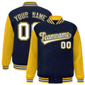 Custom Navy & Gold & White Color Block Satin Full-Snap Varsity Jacket - front view
