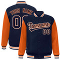 Personalized Navy & Orange & White Color Block Satin Full-Snap Varsity Jacket - front view