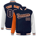 Custom Navy & White & Orange Color Block Satin Full-Snap Varsity Jacket - front view