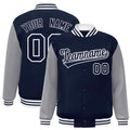 Custom Navy & Gray & White Color Block Satin Full-Snap Varsity Jacket - front view