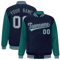 Custom Navy & Teal & Gray Color Block Satin Full-Snap Varsity Jacket - front view