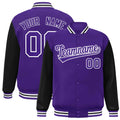 Custom Purple & Black & White Color Block Satin Full-Snap Varsity Jacket - front view