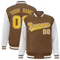 Personalized Light Brown & Gold & White Color Block Satin Full-Snap Varsity Jacket - front view