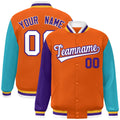 Personalized Orange & Purple & Aqua Color Block Satin Full-Snap Varsity Jacket - front view