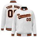 Custom White & Black & Orange Striped Trim Satin Full-Snap Varsity Jacket - front view