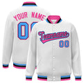 Custom White & Pink & Powder Blue Striped Trim Satin Full-Snap Varsity Jacket - front view