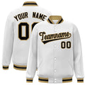 Personalized White & Black & Old Gold Striped Trim Satin Full-Snap Varsity Jacket - front view