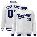 Custom White & Navy Striped Trim Satin Full-Snap Varsity Jacket - front view