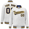 Custom White & Navy & Gold Striped Trim Satin Full-Snap Varsity Jacket - front view