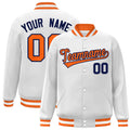 Personalized White & Orange & Navy Striped Trim Satin Full-Snap Varsity Jacket - front view