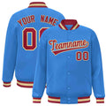 Custom Powder Blue & Crimson & Khaki Striped Trim Satin Full-Snap Varsity Jacket - front view