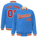 Custom Powder Blue & Red & Khaki Striped Trim Satin Full-Snap Varsity Jacket - front view