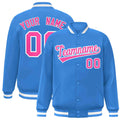 Personalized Powder Blue & Pink & White Striped Trim Satin Full-Snap Varsity Jacket - front view