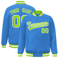 Custom Powder Blue & Neon Green & White Striped Trim Satin Full-Snap Varsity Jacket - front view