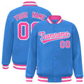 Custom Powder Blue & Pink & White Striped Trim Satin Full-Snap Varsity Jacket - front view