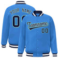 Personalized Powder Blue & Navy & White Striped Trim Satin Full-Snap Varsity Jacket - front view