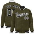 Custom Olive & Black & White Striped Trim Satin Full-Snap Varsity Jacket - front view