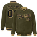 Custom Olive & Black & Old Gold Striped Trim Satin Full-Snap Varsity Jacket - front view