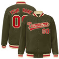 Personalized Olive & Red & Khaki Striped Trim Satin Full-Snap Varsity Jacket - front view