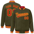 Custom Olive & Red & Gold Striped Trim Satin Full-Snap Varsity Jacket - front view