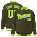 Custom Olive & Neon Green & White Striped Trim Satin Full-Snap Varsity Jacket - front view