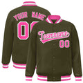 Personalized Olive & Pink & White Striped Trim Satin Full-Snap Varsity Jacket - front view