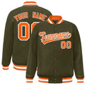 Custom Olive & Orange & White Striped Trim Satin Full-Snap Varsity Jacket - front view