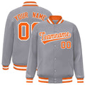 Custom Gray & Orange & White Striped Trim Satin Full-Snap Varsity Jacket - front view